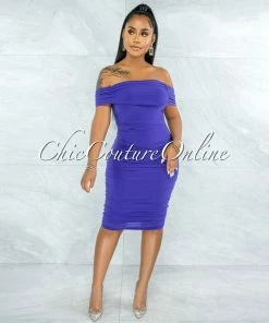 Vendor-unknown Belkis Berry Blue Ruched Off-The Shoulder Midi Dress