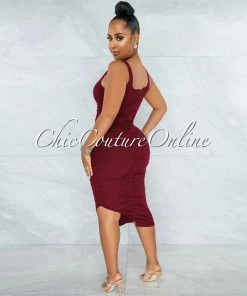 Vendor-unknown Gibelli Burgundy Mesh Ruched Midi Dress JUST IN
