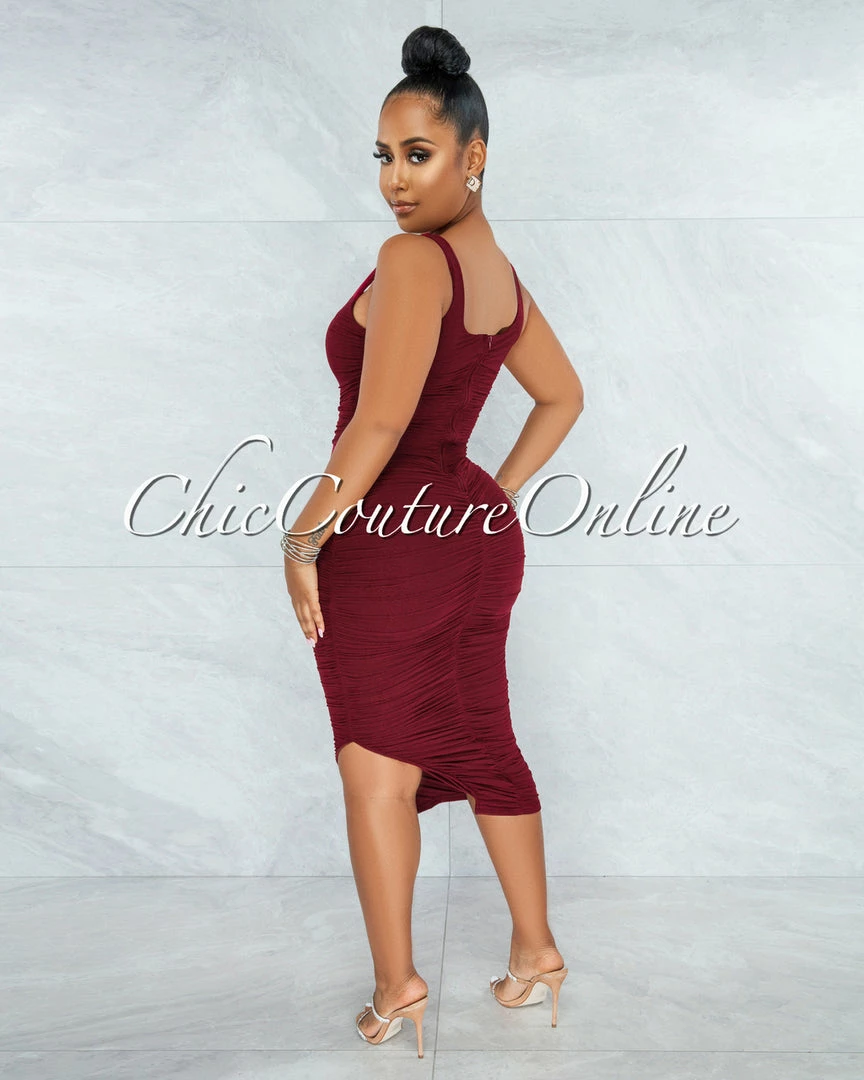 Vendor-unknown Gibelli Burgundy Mesh Ruched Midi Dress JUST IN