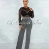 Vendor-unknown JUST IN Dalina Silver Black Shimmer Sequins Belted Pants
