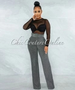 Vendor-unknown JUST IN Dalina Silver Black Shimmer Sequins Belted Pants