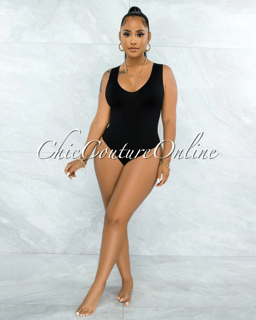 Vendor-unknown Busie Black V-Neck Ribbed Body-Con Bodysuit JUST IN