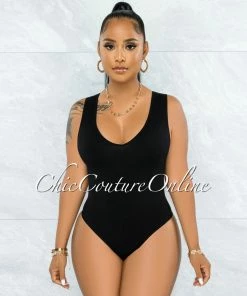 Vendor-unknown Busie Black V-Neck Ribbed Body-Con Bodysuit JUST IN