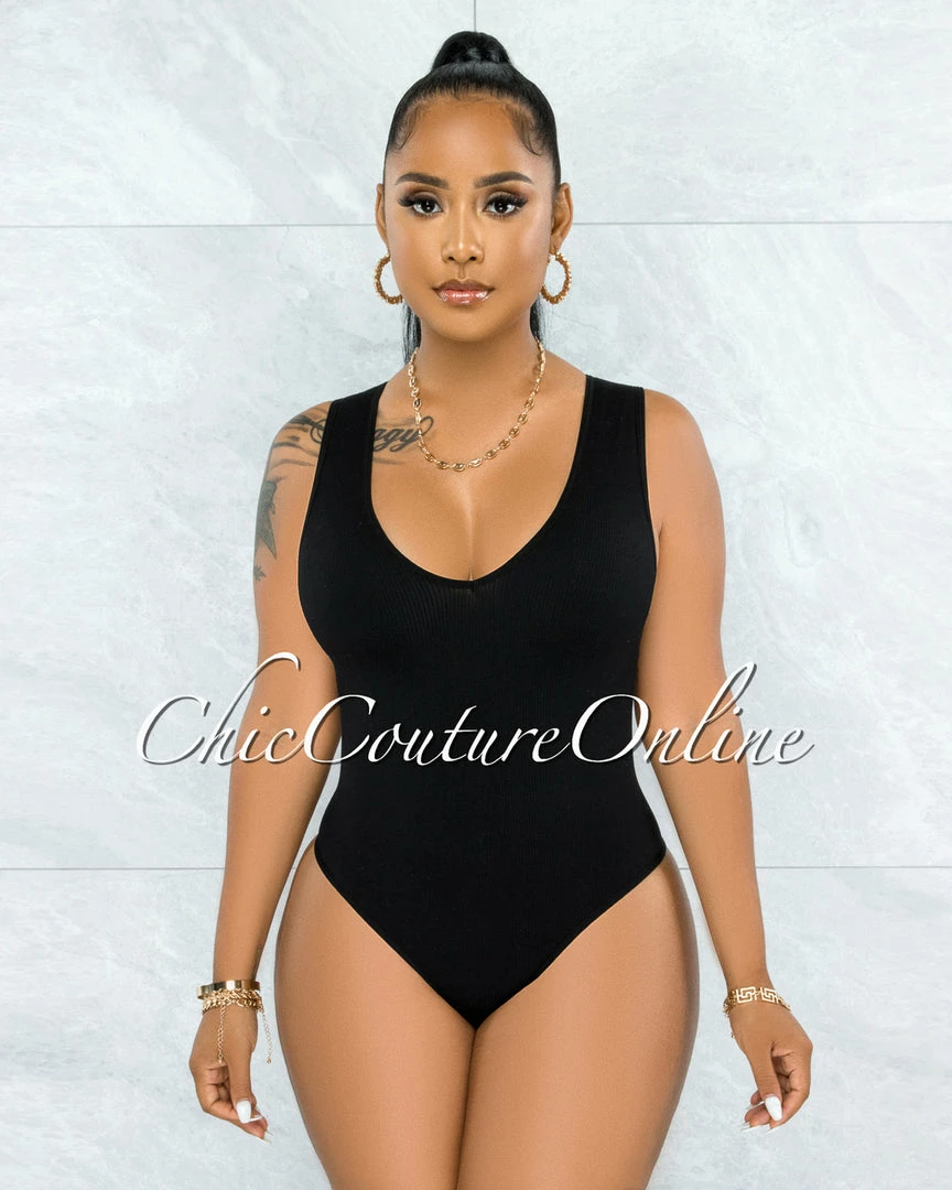 Vendor-unknown Busie Black V-Neck Ribbed Body-Con Bodysuit JUST IN