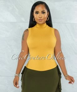 Vendor-unknown Conrado Dusty Mustard Ribbed Mock Neckline Top