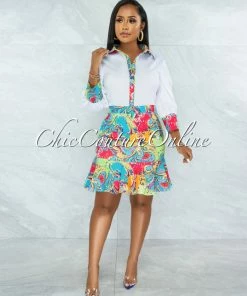 Vendor-unknown JUST IN Zidane White Shirt & Multi-Color Print Ruffle Skirt Set