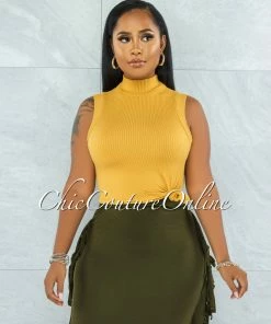 Vendor-unknown Conrado Dusty Mustard Ribbed Mock Neckline Top
