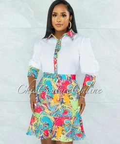 Vendor-unknown JUST IN Zidane White Shirt & Multi-Color Print Ruffle Skirt Set