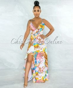 Vendor-unknown Urania Brown Multi-Color Tie-Dye Print Ruffle Maxi Dress JUST IN