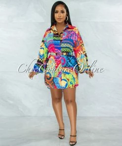 Vendor-unknown Tetty Pink Multicolor Gold Buckle Belt Shirt Dress JUST IN