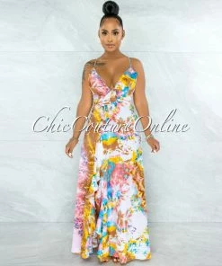 Vendor-unknown Urania Brown Multi-Color Tie-Dye Print Ruffle Maxi Dress JUST IN