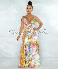 Vendor-unknown Urania Brown Multi-Color Tie-Dye Print Ruffle Maxi Dress JUST IN