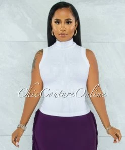 Vendor-unknown JUST IN Conrado White Ribbed Mock Neckline Top