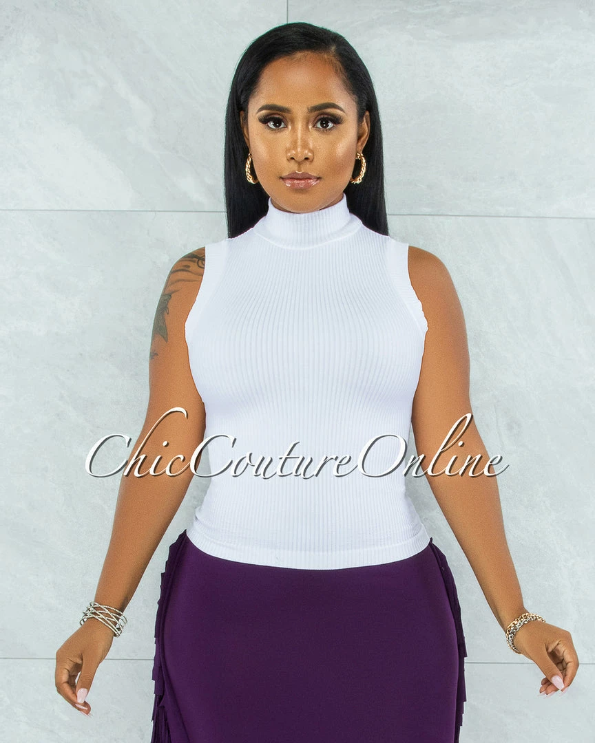 Vendor-unknown JUST IN Conrado White Ribbed Mock Neckline Top
