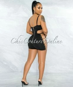 Vendor-unknown Marimar Black Gold Link Lace-Up Sides Romper JUST IN