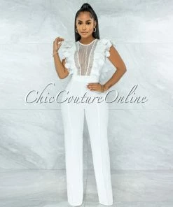 Vendor-unknown Caramelo Off-White Lace Sheer Top Crochet Jumpsuit