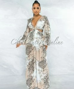 Vendor-unknown Timur Nude Black Leopard Print Cut-Out Jumpsuit