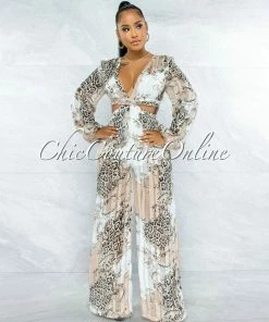 Vendor-unknown Timur Nude Black Leopard Print Cut-Out Jumpsuit