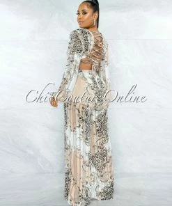 Vendor-unknown Timur Nude Black Leopard Print Cut-Out Jumpsuit