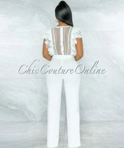 Vendor-unknown Caramelo Off-White Lace Sheer Top Crochet Jumpsuit