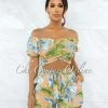 Vendor-unknown Flemini Tan Green Leaf Print Crop Top & Shorts Set