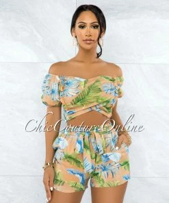 Vendor-unknown Flemini Tan Green Leaf Print Crop Top & Shorts Set