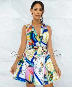 Vendor-unknown Nicole White Multi-Color Carousel Print Buttons Drape Shirt Dress