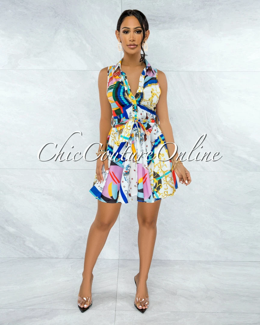 Vendor-unknown Nicole White Multi-Color Carousel Print Buttons Drape Shirt Dress