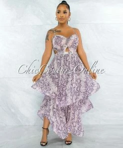 Vendor-unknown JUST IN Lecia Pink Snake Print Ruffle Maxi Dress