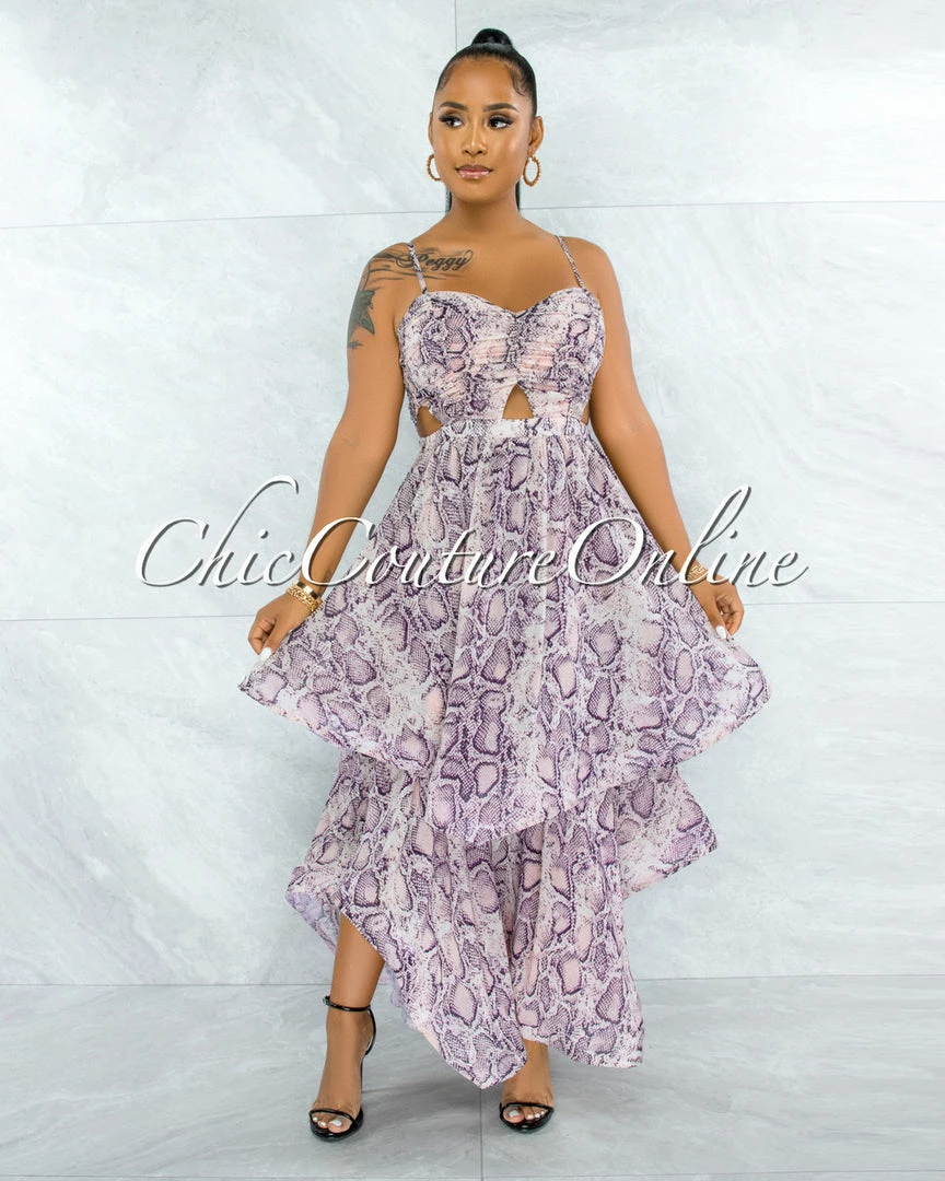 Vendor-unknown JUST IN Lecia Pink Snake Print Ruffle Maxi Dress