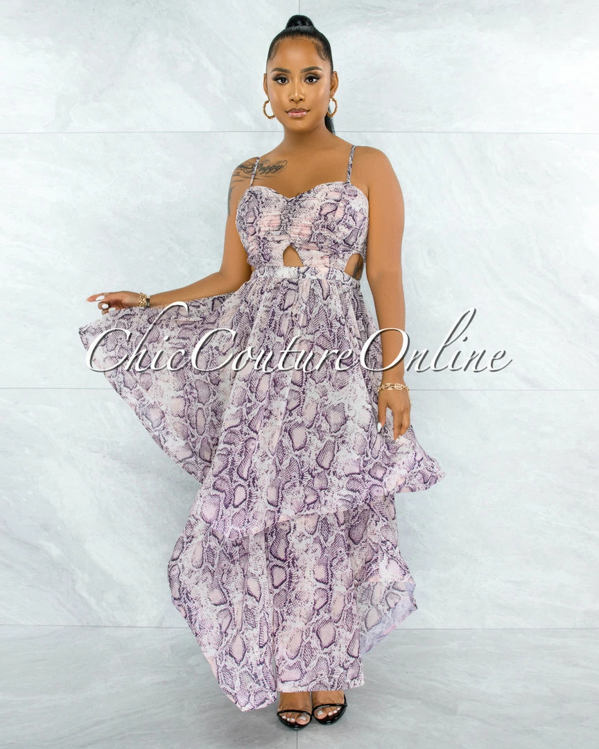 Vendor-unknown JUST IN Lecia Pink Snake Print Ruffle Maxi Dress