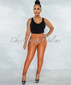 Vendor-unknown JUST IN Mercina Rust Faux Leather Ruched Back Leggings