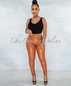 Vendor-unknown JUST IN Mercina Rust Faux Leather Ruched Back Leggings