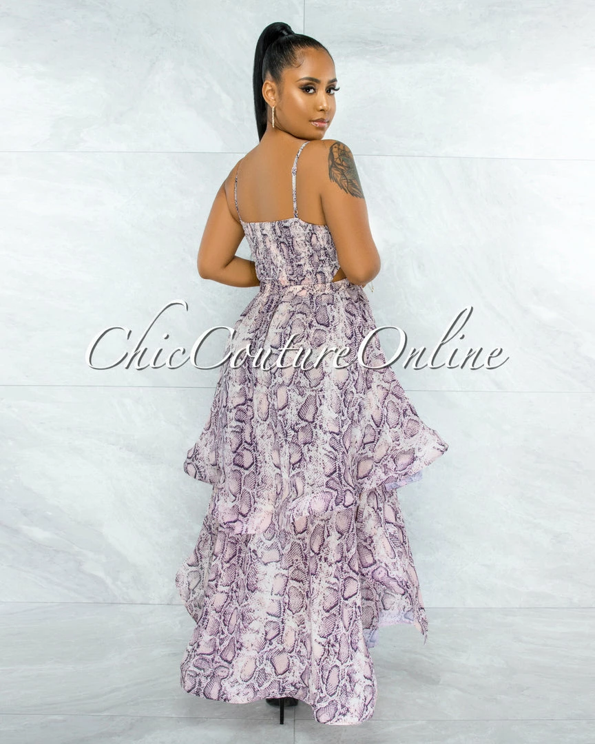 Vendor-unknown JUST IN Lecia Pink Snake Print Ruffle Maxi Dress