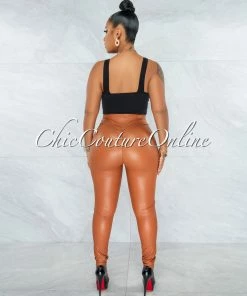 Vendor-unknown JUST IN Mercina Rust Faux Leather Ruched Back Leggings