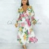 Vendor-unknown JUST IN Barry Ivory Floral Print Pleated Skirt Belt Midi Ruffle Dress