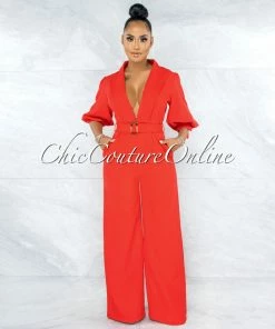 Vendor-unknown Excess Red Belted Puffy Sleeves Jumpsuit JUST IN
