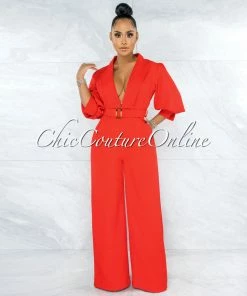 Vendor-unknown Excess Red Belted Puffy Sleeves Jumpsuit JUST IN