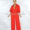 Vendor-unknown Excess Red Belted Puffy Sleeves Jumpsuit JUST IN