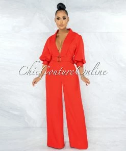 Vendor-unknown Excess Red Belted Puffy Sleeves Jumpsuit JUST IN