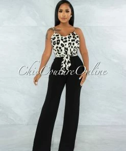 Vendor-unknown Candan Leopard Print Top Black Bottom Two-Tone Jumpsuit