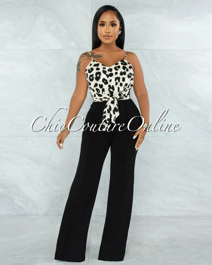 Vendor-unknown Candan Leopard Print Top Black Bottom Two-Tone Jumpsuit