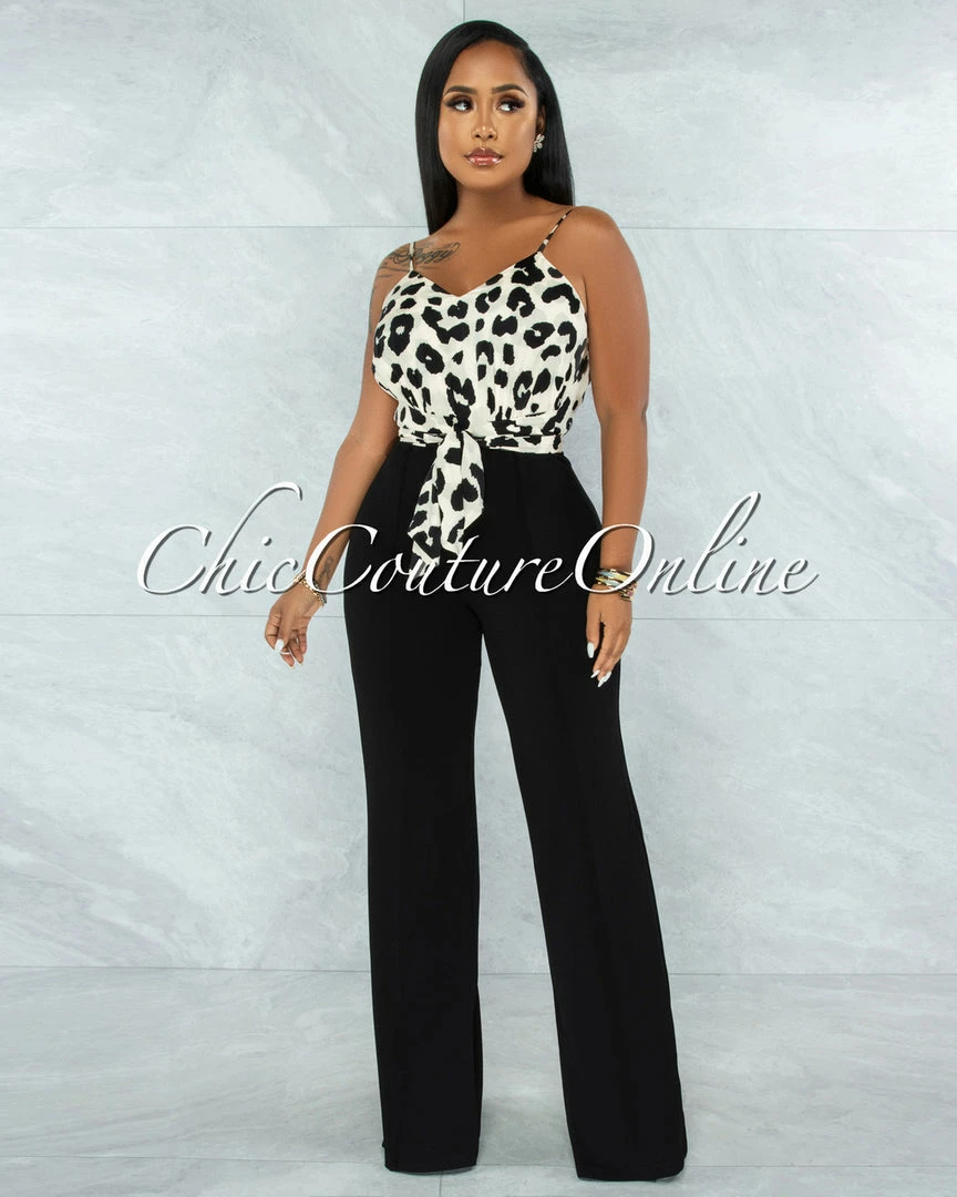 Vendor-unknown Candan Leopard Print Top Black Bottom Two-Tone Jumpsuit