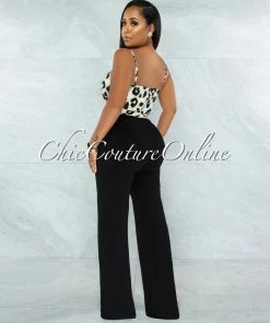 Vendor-unknown Candan Leopard Print Top Black Bottom Two-Tone Jumpsuit