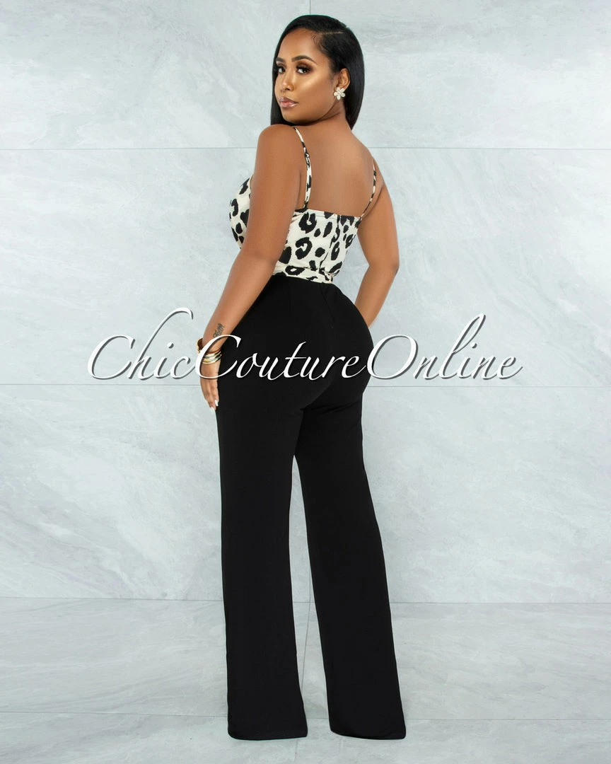 Vendor-unknown Candan Leopard Print Top Black Bottom Two-Tone Jumpsuit