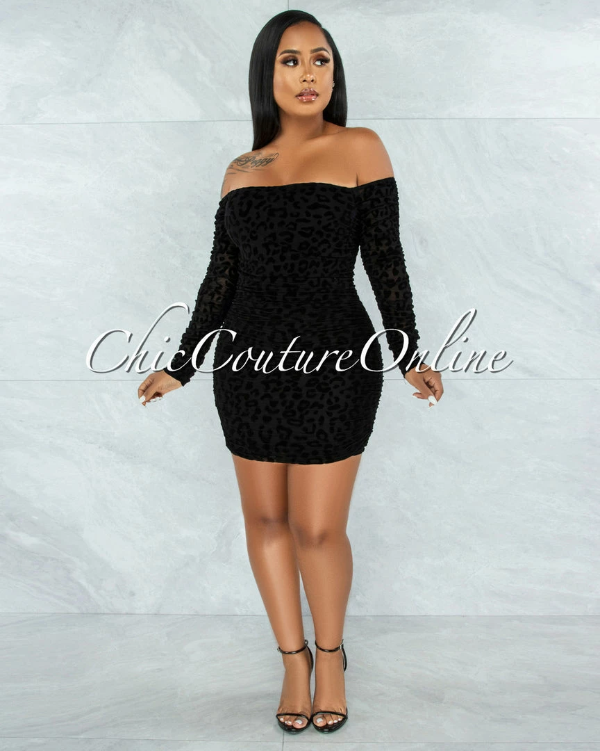 Vendor-unknown JUST IN Obiona Black Leopard Velvet Print Ruched Mesh Dress