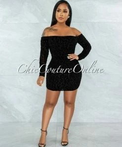 Vendor-unknown JUST IN Obiona Black Leopard Velvet Print Ruched Mesh Dress