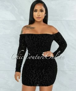 Vendor-unknown JUST IN Obiona Black Leopard Velvet Print Ruched Mesh Dress