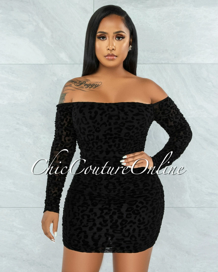 Vendor-unknown JUST IN Obiona Black Leopard Velvet Print Ruched Mesh Dress