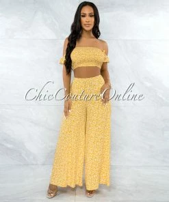 Vendor-unknown JUST IN Yanka Yellow White Floral Print Crop Top & Wide Pants Set